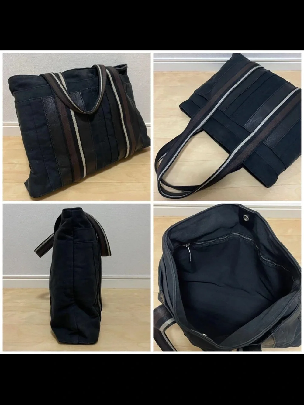 Hermes Black Tote with Striped Webbing Handles